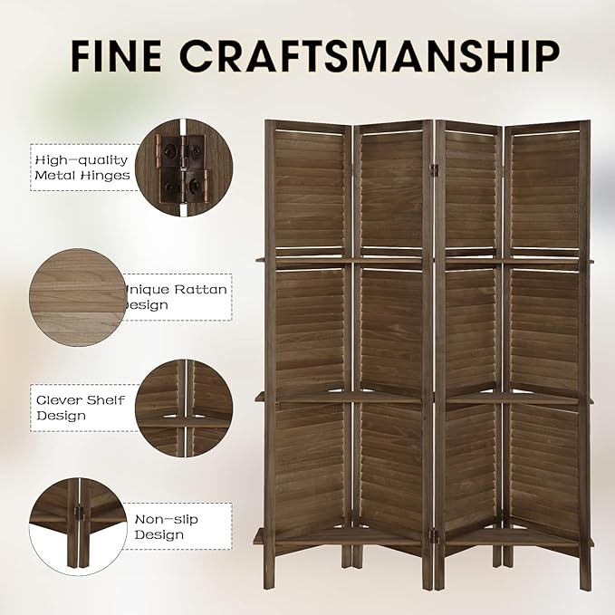 4 Panel Room Divider with Shelves, Room Dividers and Folding Privacy Screens - Image 8