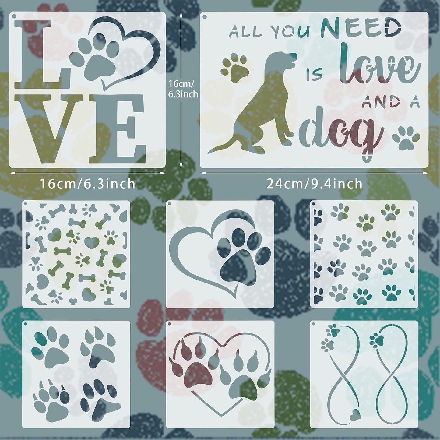 Outus 11 Pieces Dog Paw Print Stencils Trail of Paw Prints Stencil Love Dog Reusable Painting Templates with Metal Open Ring for DIY Scrapbooks Painting on Wood Wall Home Supplies