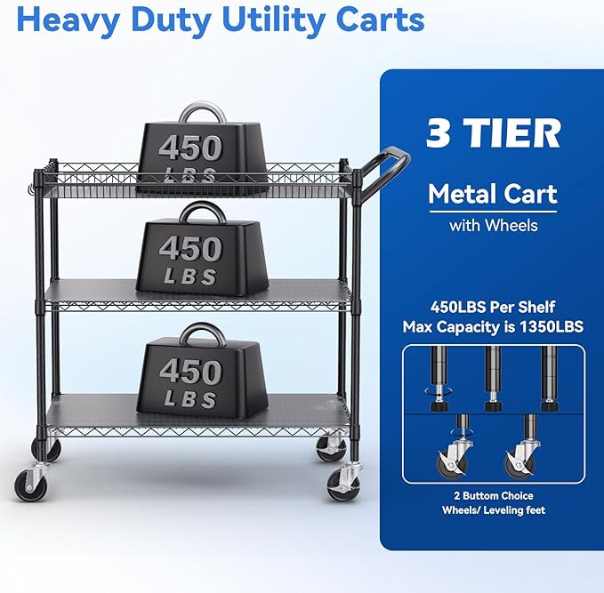 WDT 1350Lbs Capacity Heavy Duty Rolling Utility Cart, Large 3 Tier Rolling Carts - Image 3
