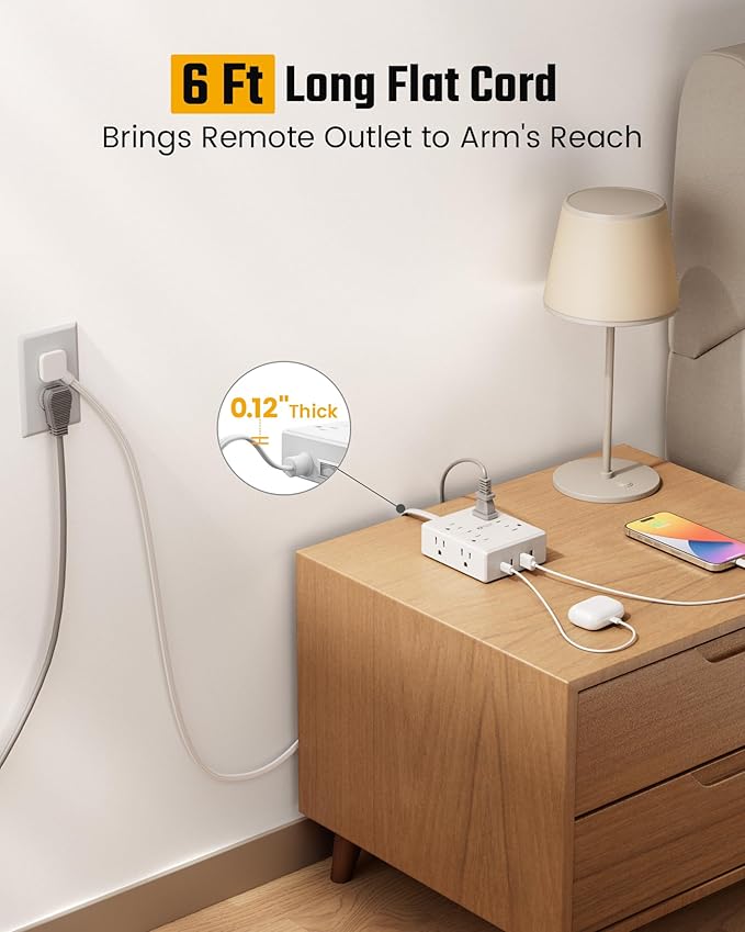 Flat Plug Surge Protector Power Strip, 6ft Ultra Thin Extension Cord - Image 2