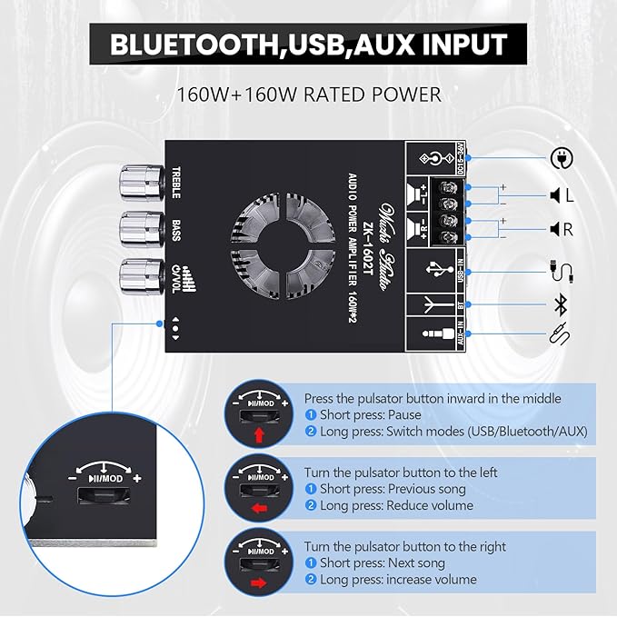 Audio Amplifier Board, ZK-1602T Bluetooth 5.0 Power Amp - Image 3