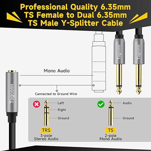 Togconn 1/4 inch TS Mono Splitter Y Adapter, 6.35mm Mono Female to Dual 6.35 mm - Image 3