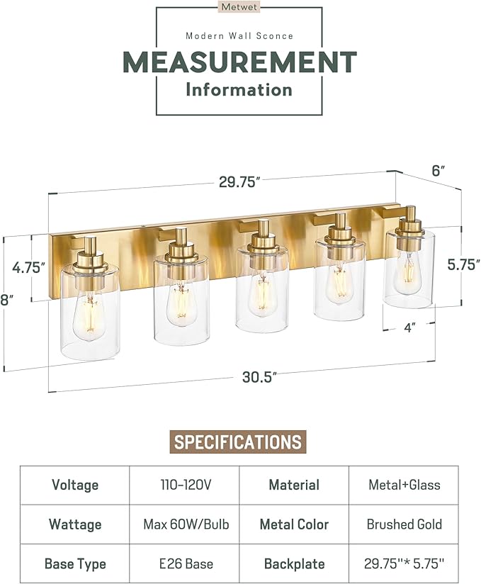 METWET 5-Light Bathroom Light Fixtures, 30 Inch Brushed Gold Vanity Light - Image 2