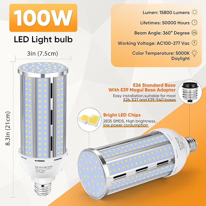 XYCN 4 Pack 100W Corn LED Light Bulb Fanless, 5000K Daylight E26/E39 Large - Image 3