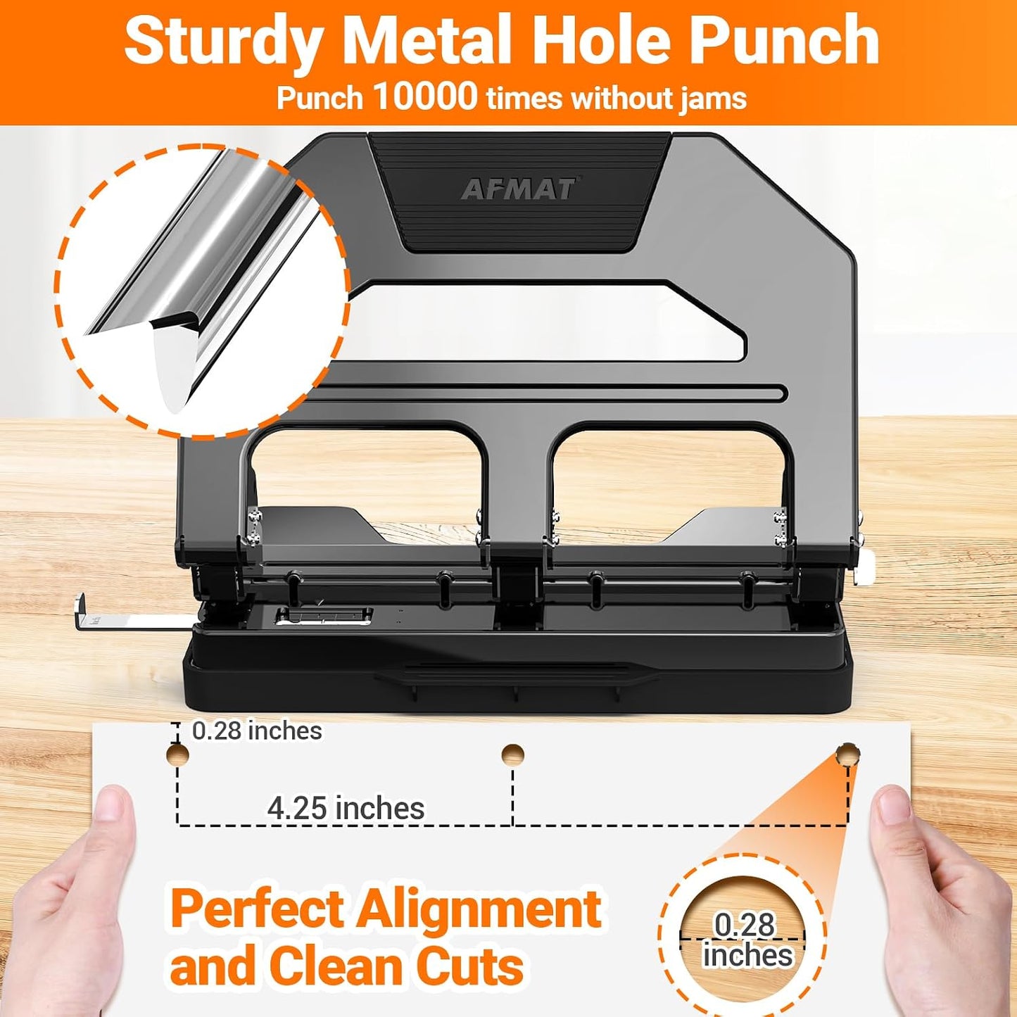 AFMAT Heavy Duty 3 Hole Puncher, 50-Sheet Paper Punch Heavy Duty, 50% Reduced Effort Three Hole Punch, 10K+ Uses, Metal Hole Puncher 3 Ring w/Large Tray, Bulit-in S.S. Paper Guide HPX4(Black)