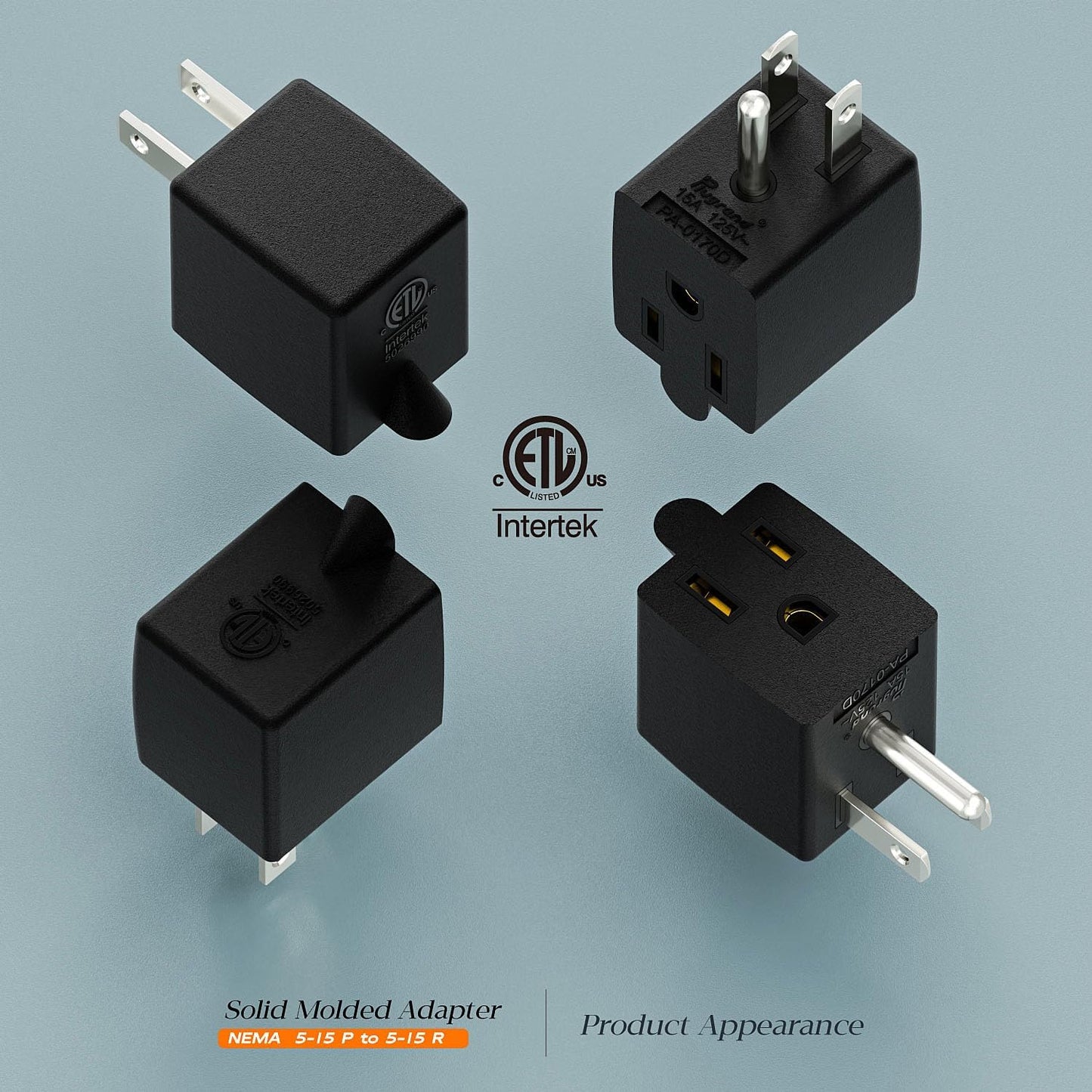 ETL Listed 90 Degree NEMA 5-15P USA 3 Prong Male-Female Adapter | 90 Degree Downward Angled USA Male to Female Power Adapter, 5-15P to 5-15R Direction Changer Space Save, Black, PA-0170D