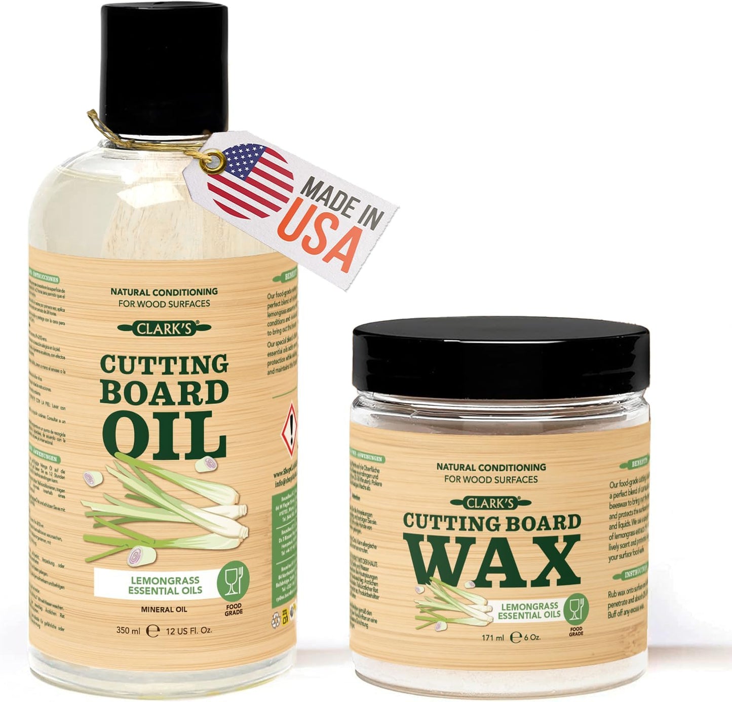 CLARK'S Cutting Board Oil & Wax Kit, Lemongrass Scent - Set of 2 | Includes Food Grade Mineral Oil (12oz), Cutting Board Wax (6oz) for Cutting Boards, Butcher Blocks & Kitchen Wooden Utensils