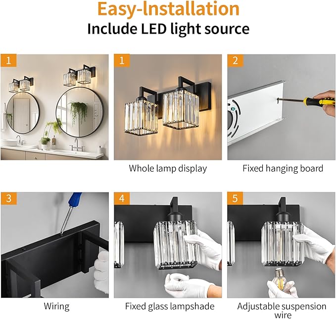 FDPBY Modern Bathroom Vanity Light 2-Lights Black Crystal Bathroom Wall Light - Image 7