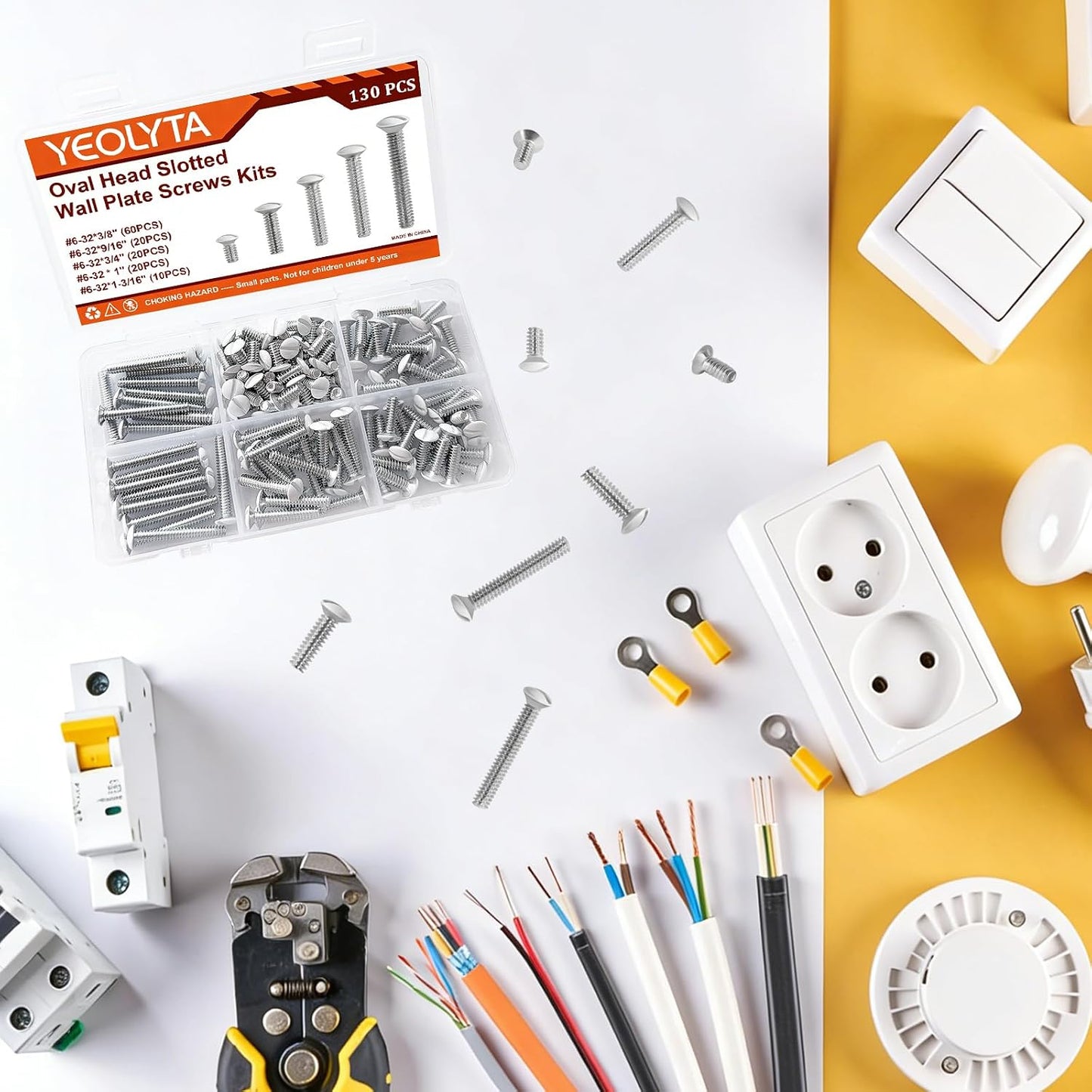 130PCS Wall Plate Screws,6-32 Thread White Outlet Cover Screws,Oval Head Slotted Light Electrical Cover Panel Switch Plate Screws,5 Length 3/8", 9/16", 3/4", 1", 1-3/16" Long