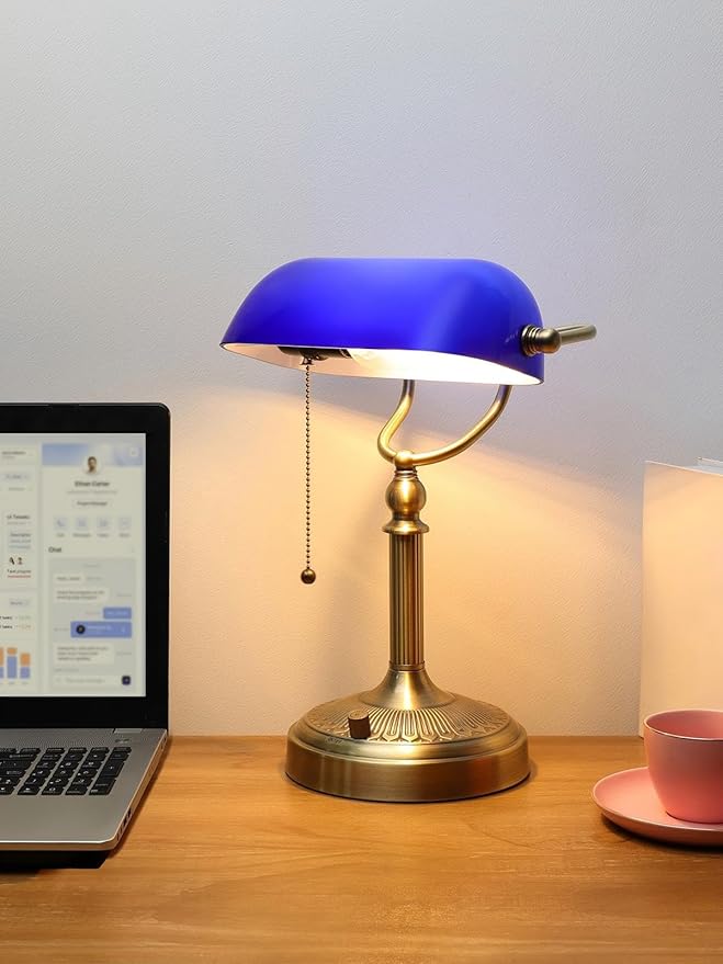 Newrays Blue Glass Bankers Desk Lamp, Stepless Dimmable Table Lamp Plug in - Image 2