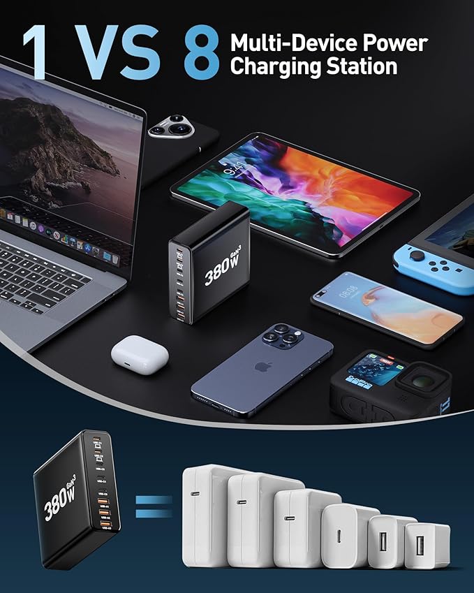 380W USB C Charger Block, with 4 USB Cables 8-Port USB C Charging Station Dual - Image 5
