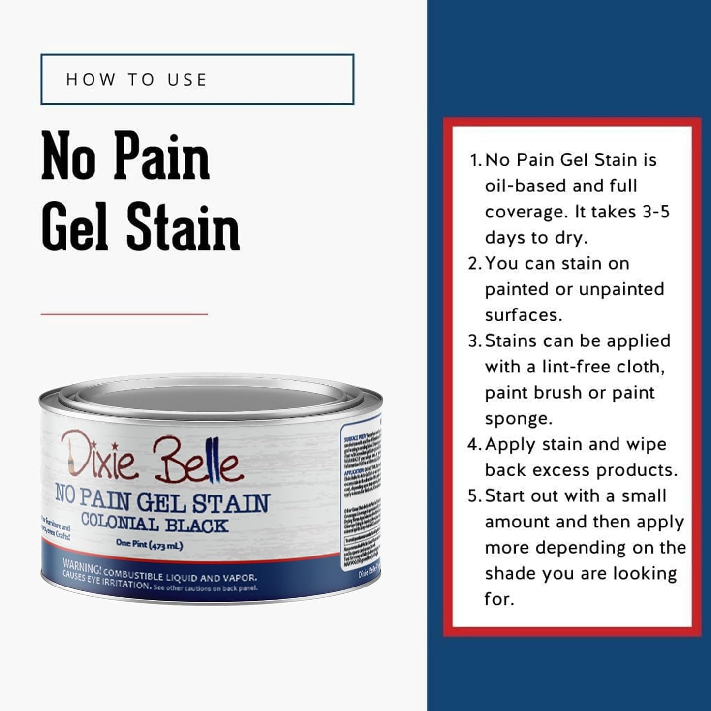 Dixie Belle No Pain Gel Stain - Colonial Black - Oil-Based Stain DIY Wood Stain for Projects - Deep Coverage, Wood Grain Enhancer