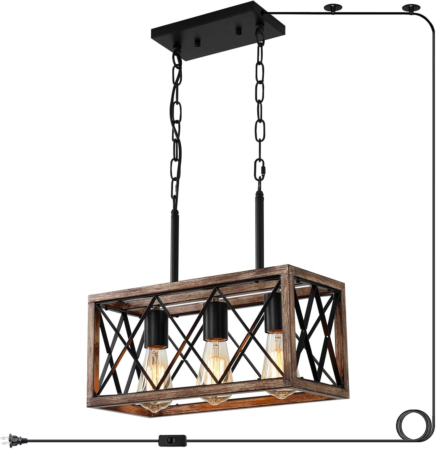 KEESFU Farmhouse Plug in Kitchen Lighting Fixtures Ceiling, 3 Lights Kitchen Pendant Light with 14.7ft Cord, Rustic Dining Room Light for Living Room Foyer Dining Table Over Sink. (Wood Grain Color)