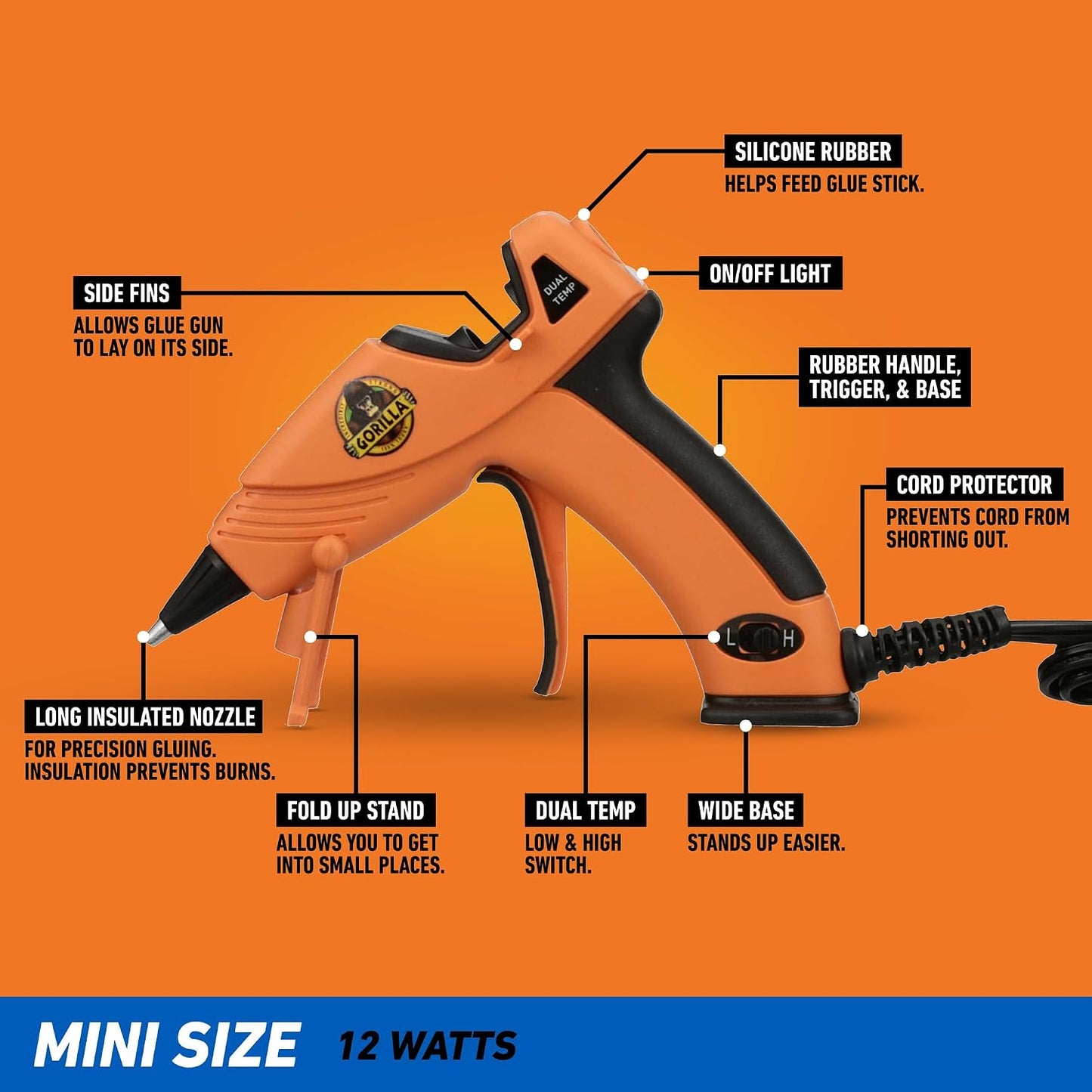 Gorilla Hot Glue Gun, Dual Temp, Mini Size, Easy Squeeze Trigger | Precision Nozzle, Enhanced Safety Features, Built-In Stand, Ideal for DIY, Craft, Repairs, and More