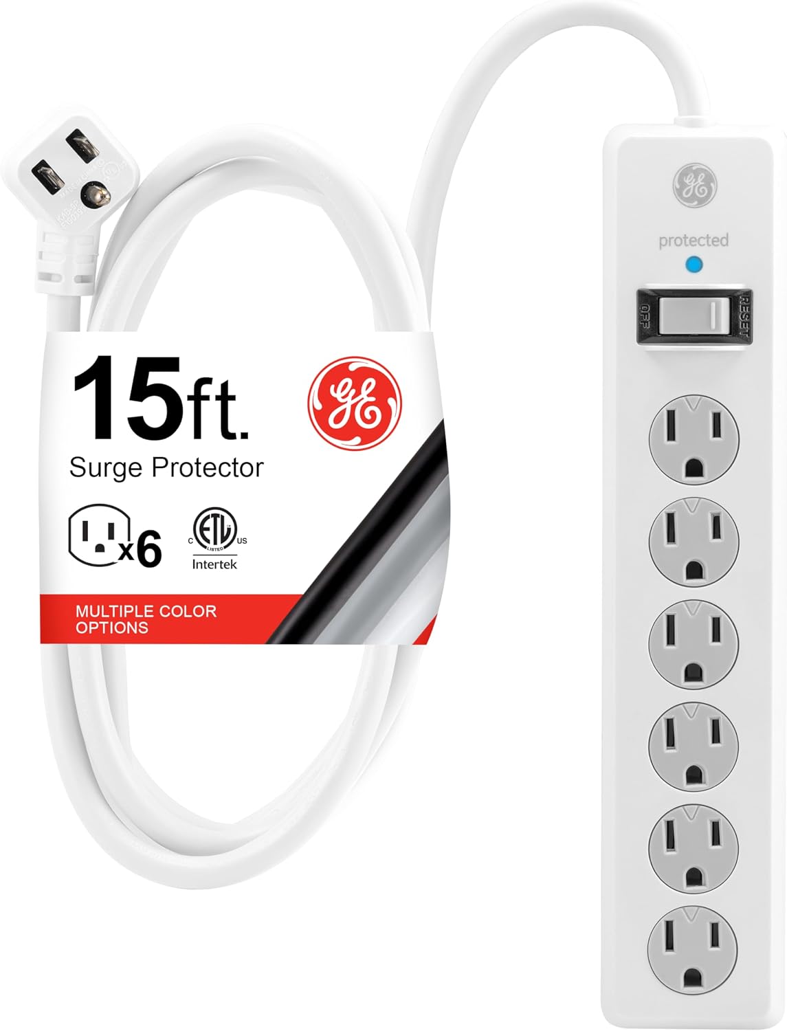 GE Surge Protector Power Strip, 15 Ft Extension Cord, 6 Outlet Extender | 800 Joules, Flat Plug, Twist-to-Close Safety Covers, ETL Listed, White, 50768