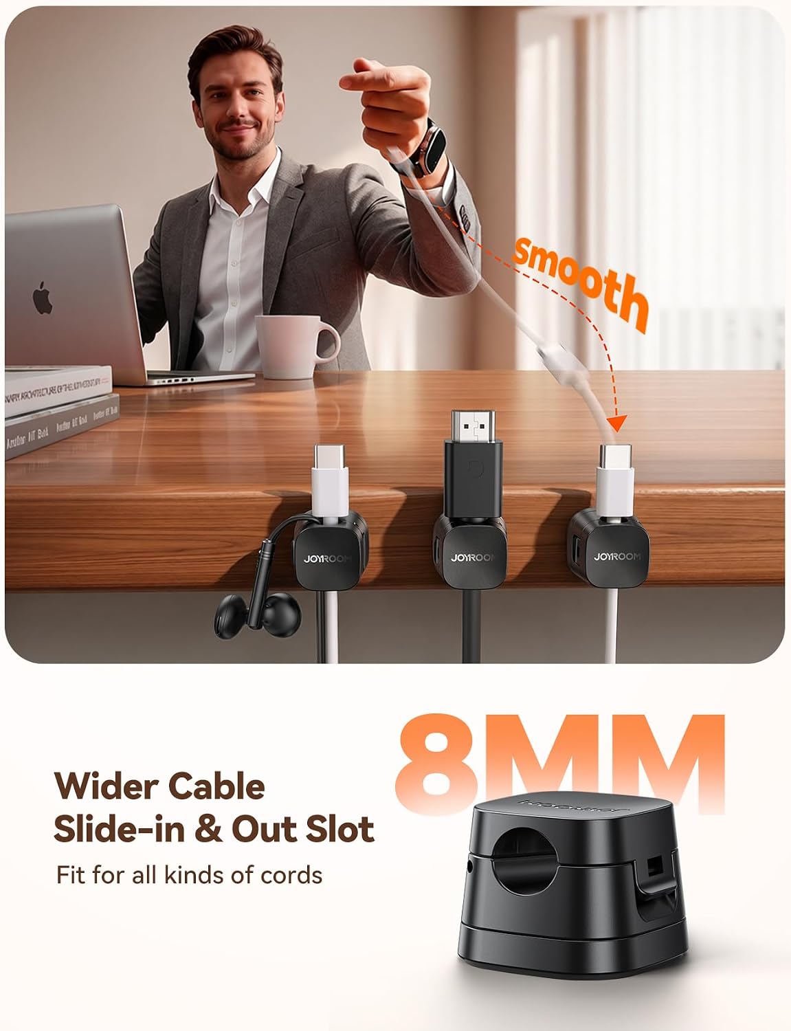 JOYROOM 6-Pack Detachable Magnetic Cord Organizer, Adhesive Cable Clips | Auto-Fit Spring Snap Lock for φ1.5~8mm Cables, Magnetic & Adhesive 2-in-1 Cable Management for Home Nightstand Office Desk
