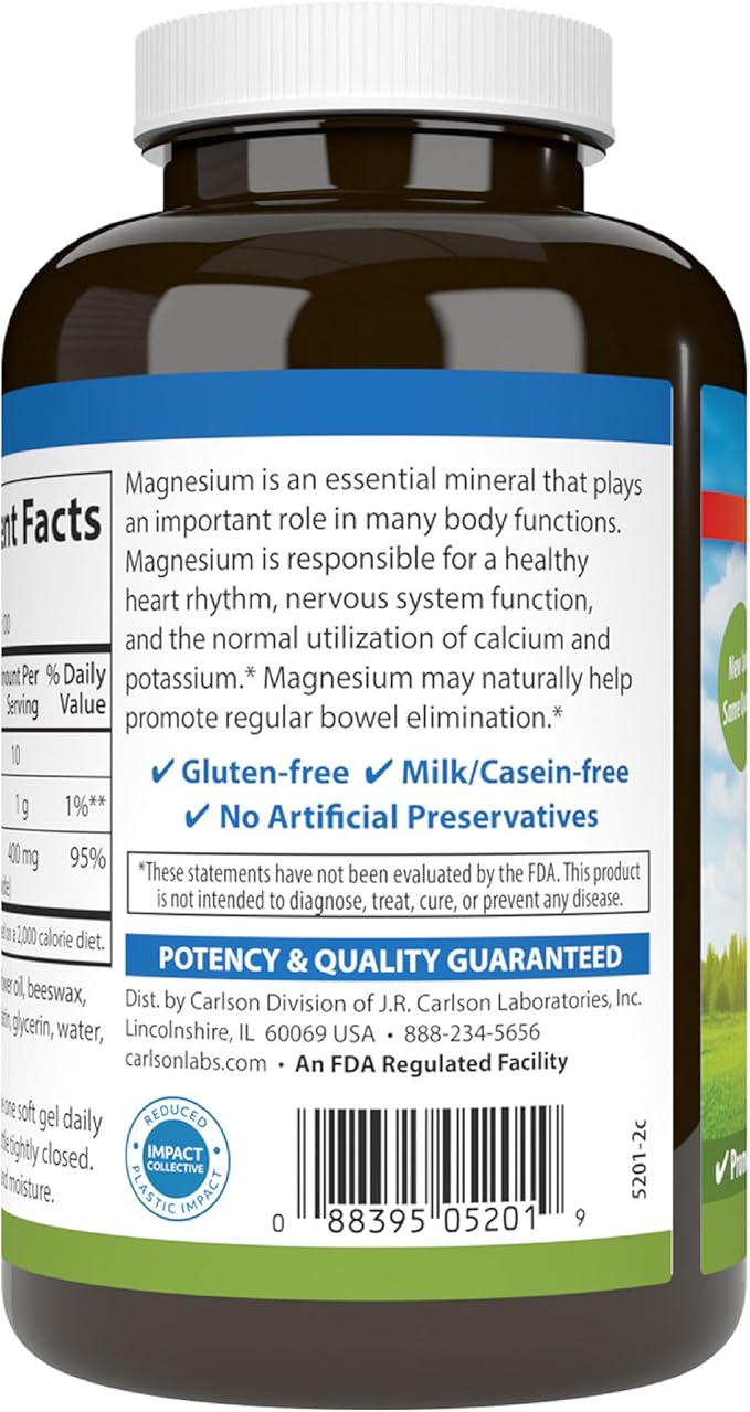 Carlson - Magnesium Gels, 400 mg of Magnesium per Softgel, Heart & Muscle - Image 7