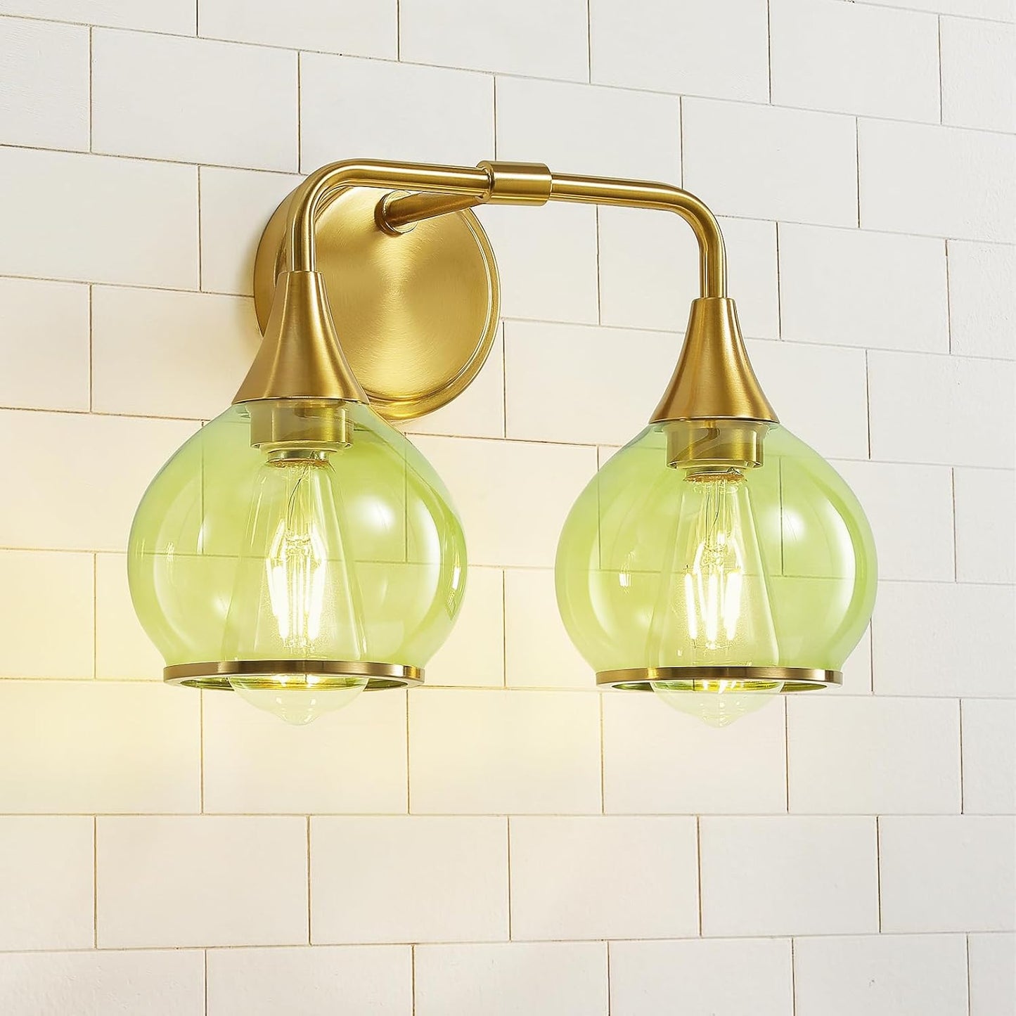 Brushed Gold Bathroom Vanity Light 2-Lights Bathroom Light Fixtures Over Mirror with Green Clear Glass Shade 14 inch Wall Sconce Lighting Bath(Exclude E26 Bulb)