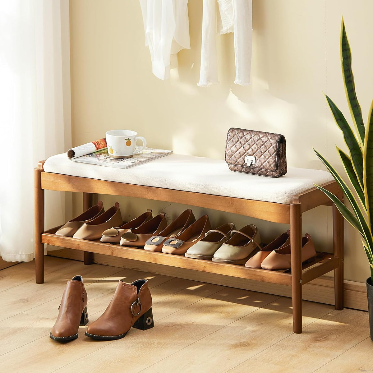stddre shoe bench entryway bamboo 2-tier shoe rack, main product view