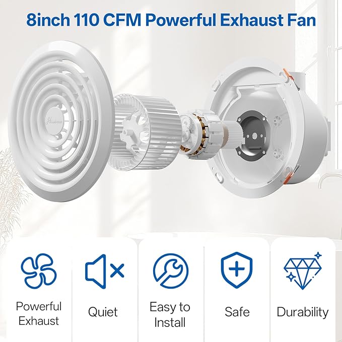 Hawkrown 8 Inch Round Bathroom Exhaust Fan，110 CFM 1 Sone Powerful and Quiet - Image 7