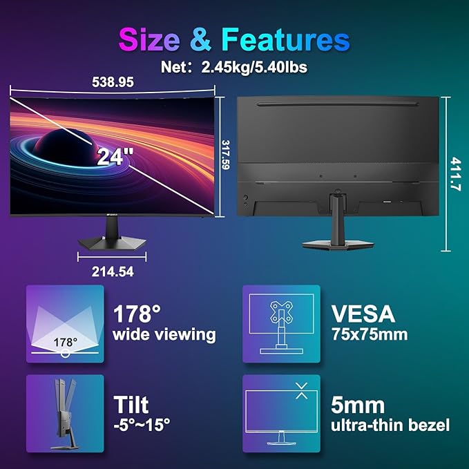 SANSUI Curved Monitor 24 inch 100Hz USB Type-C Computer Monitor - Image 8