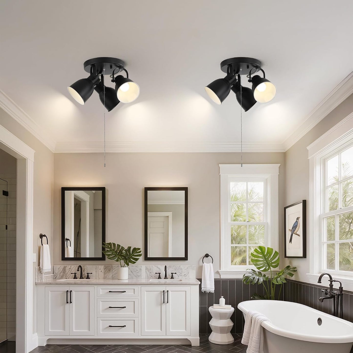 3-Light Track Ceiling Light with Pull Chain Switch, Matte Black Multi Directional Flush Mount Ceiling Spot Light, E26 Base Industrial Ceiling Light Fixture for Kitchen Hallway Entryway Bedroom Closet