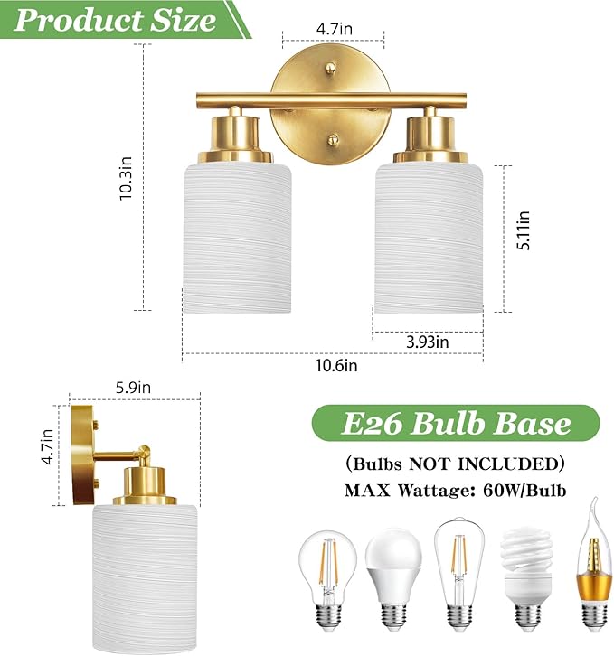 Guliaofo 2-Light Vanity Lights, Brushed Gold Bathroom Light Fixture - Image 2
