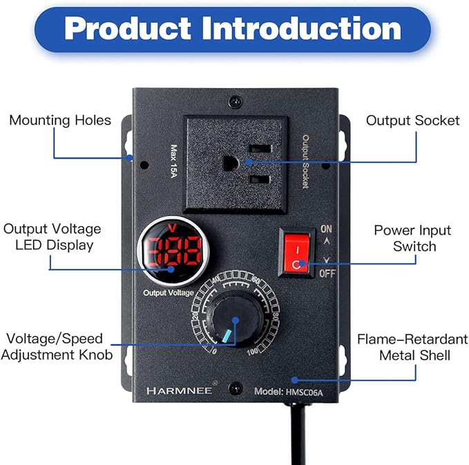 HARMNEE AC Motor Speed Controller 110-120V / 10A Rated / 15A Max, Fan Speed - Image 2