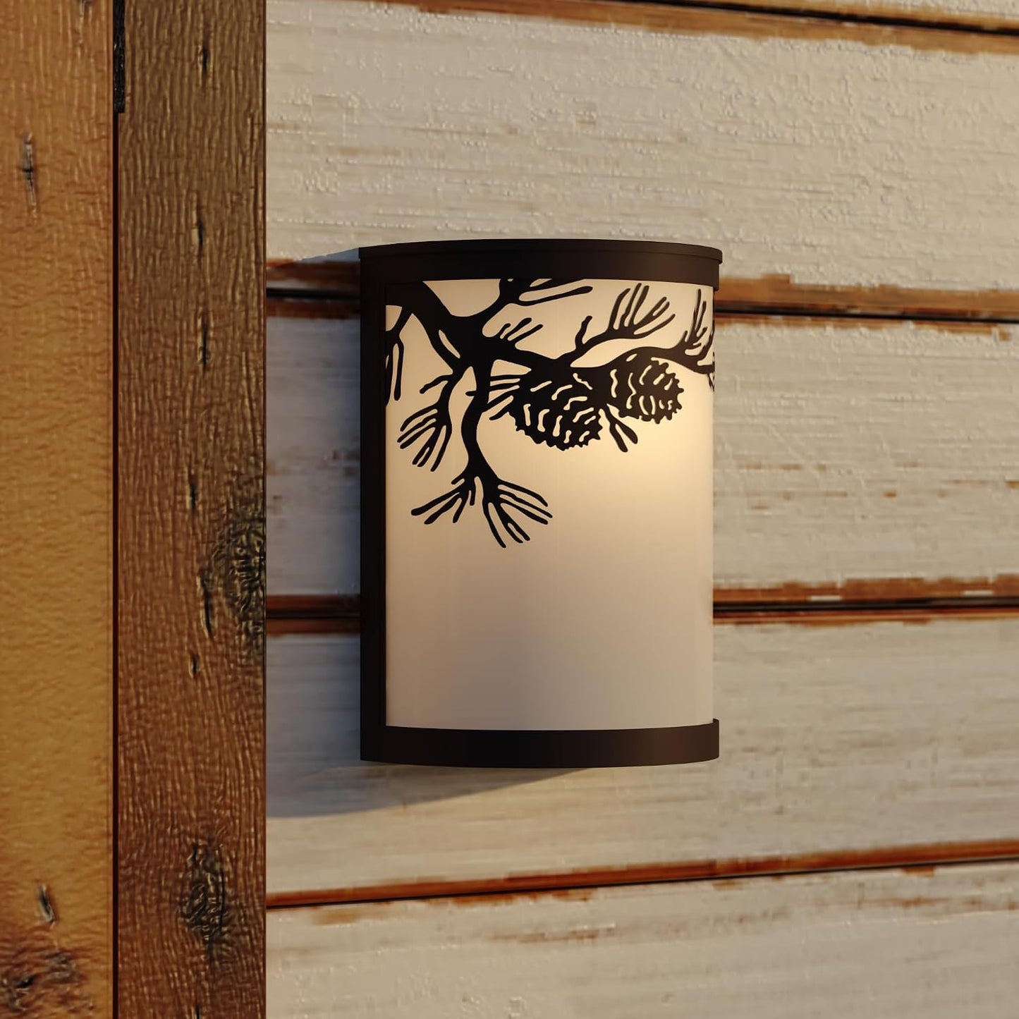 VAXCEL Douglas 1-Light 8 in. Wide Warm Bronze Indoor-Outdoor Rustic Flush Mount Wall Sconce with Pinecone Cutout and Amber Flake Glass Shade, Dimmable, LED Compatible, Bathroom Vanity Lighting Fixture