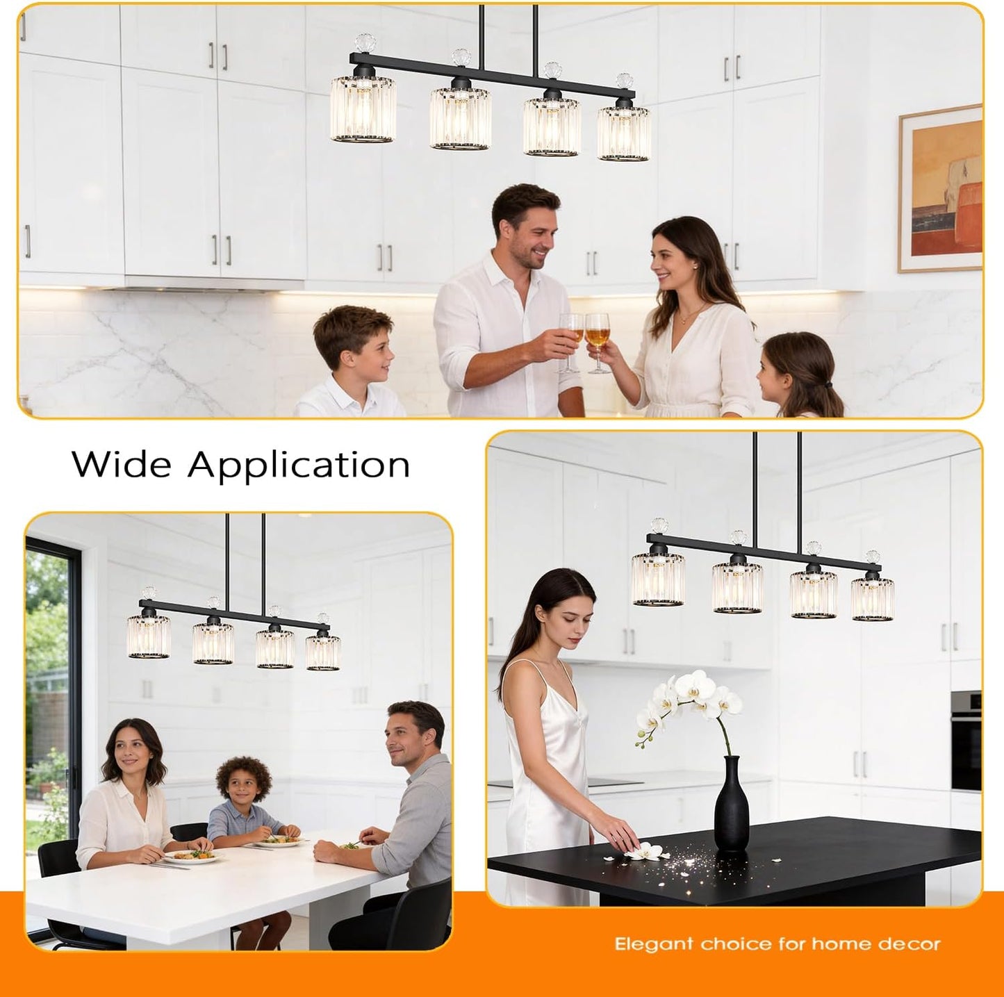 32" Crystal Island Light for Kitchen, 4-Light Black Linear Pendant Light | Linear Chandelier over Kitchen Island, Modern Ceiling Hanging Chandelier for Dining Room. Adjustable Height, E26