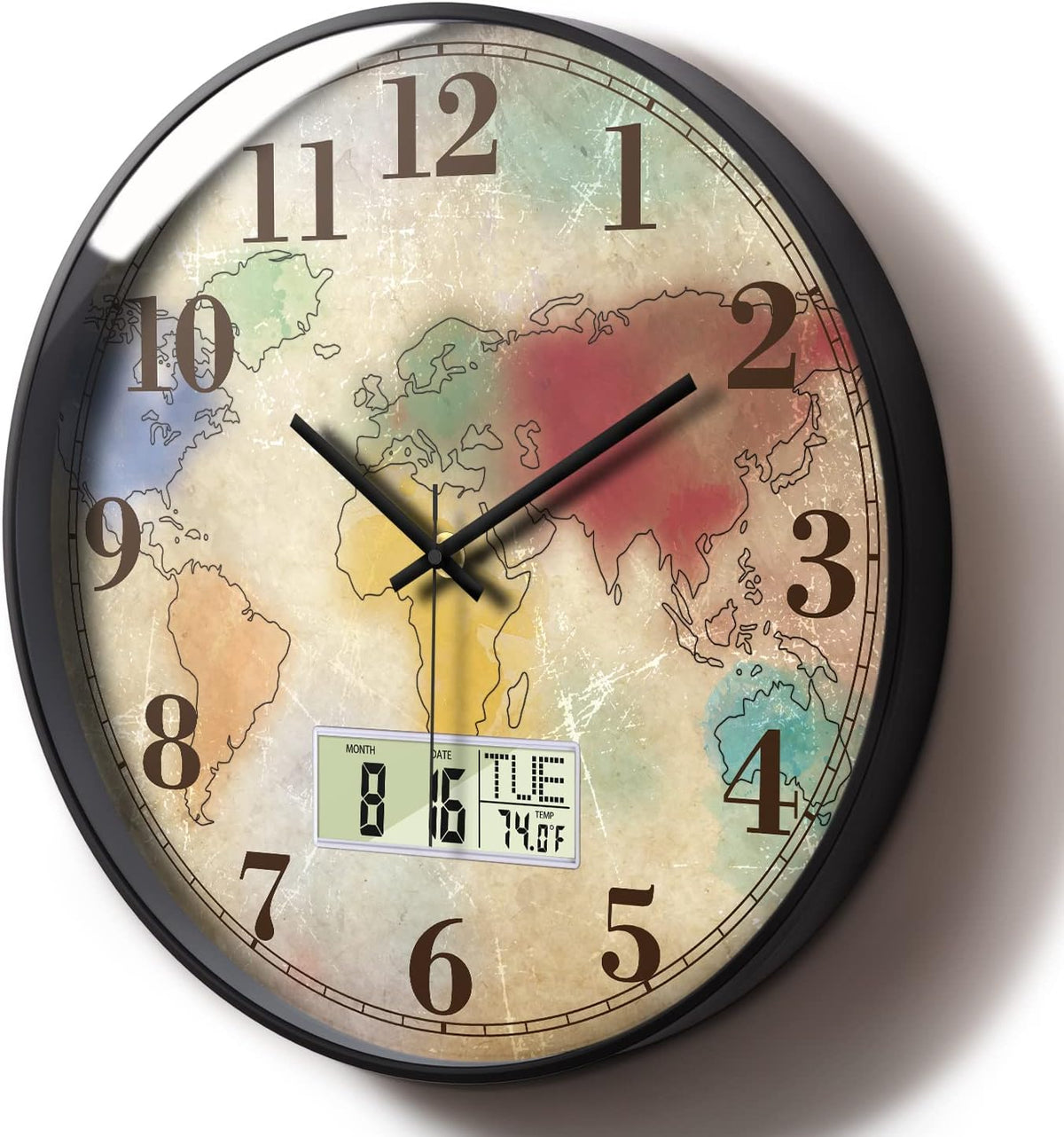Modern Round Retro Digital and Analog Wall Clock Silent Calendar Colorful World