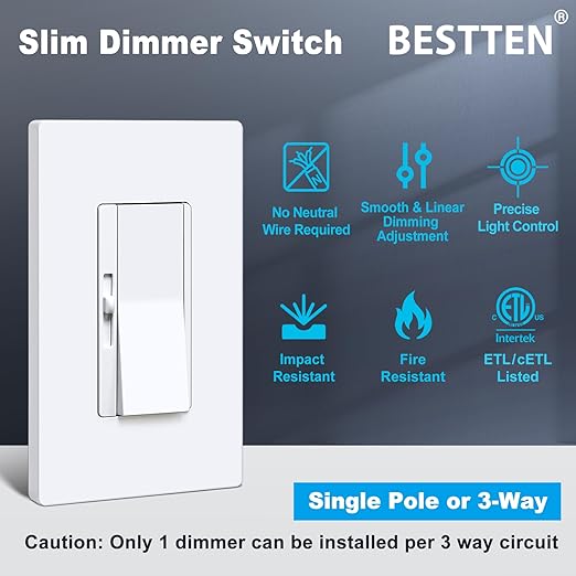 BESTTEN Super Slim Dimmer Light Switch, Quiet Rocker, Max 300W LED, 600W - Image 5