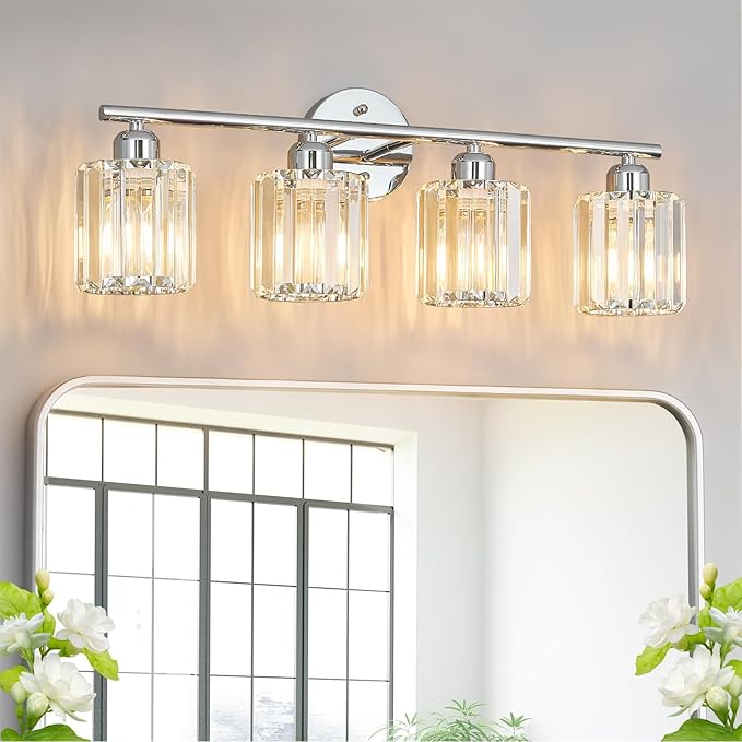 FDPBY Modern 4 Light Crystal Vanity Light, Chrome Vertical Bathroom Light by FDPBY