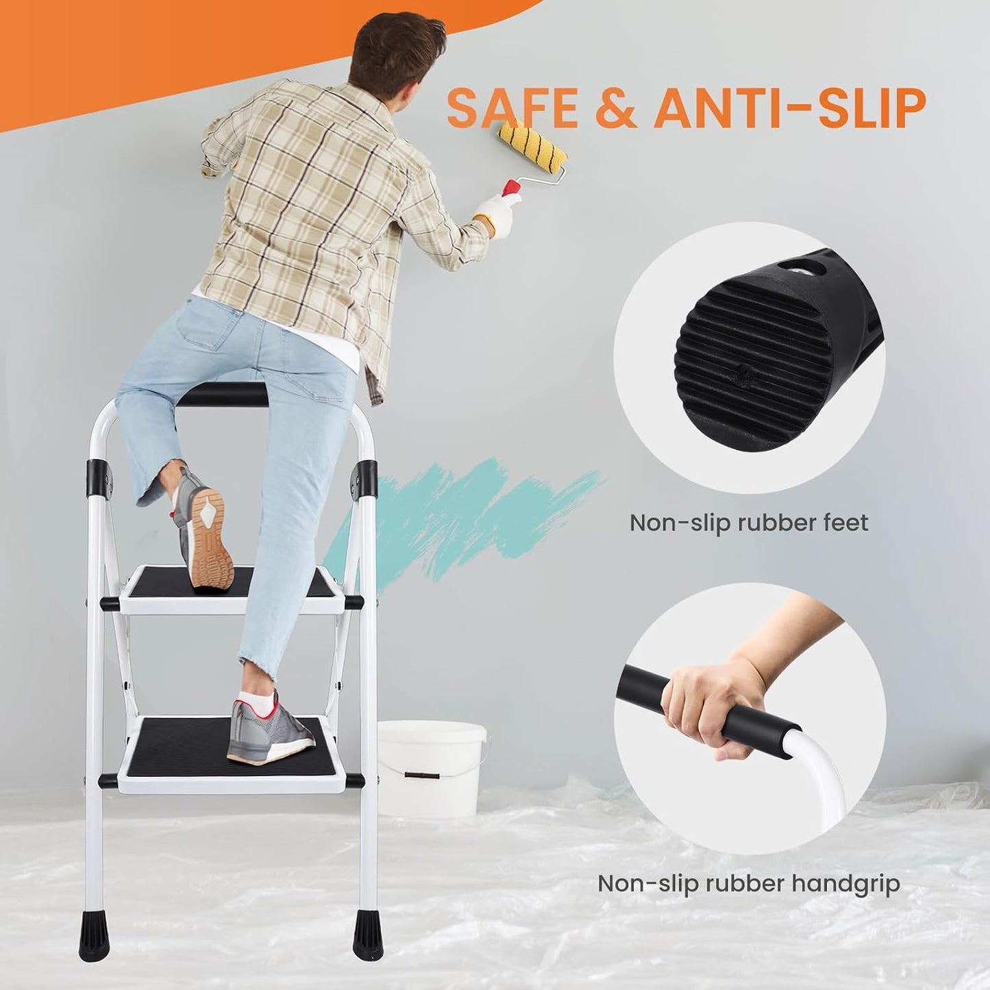 Sweetcrispy 2 Step Ladder, 330lbs Folding Step Stool | Portable Stepping Stool with Wide Anti-Slip Pedal, Sturdy Ladder, Convenient Handrail, Black