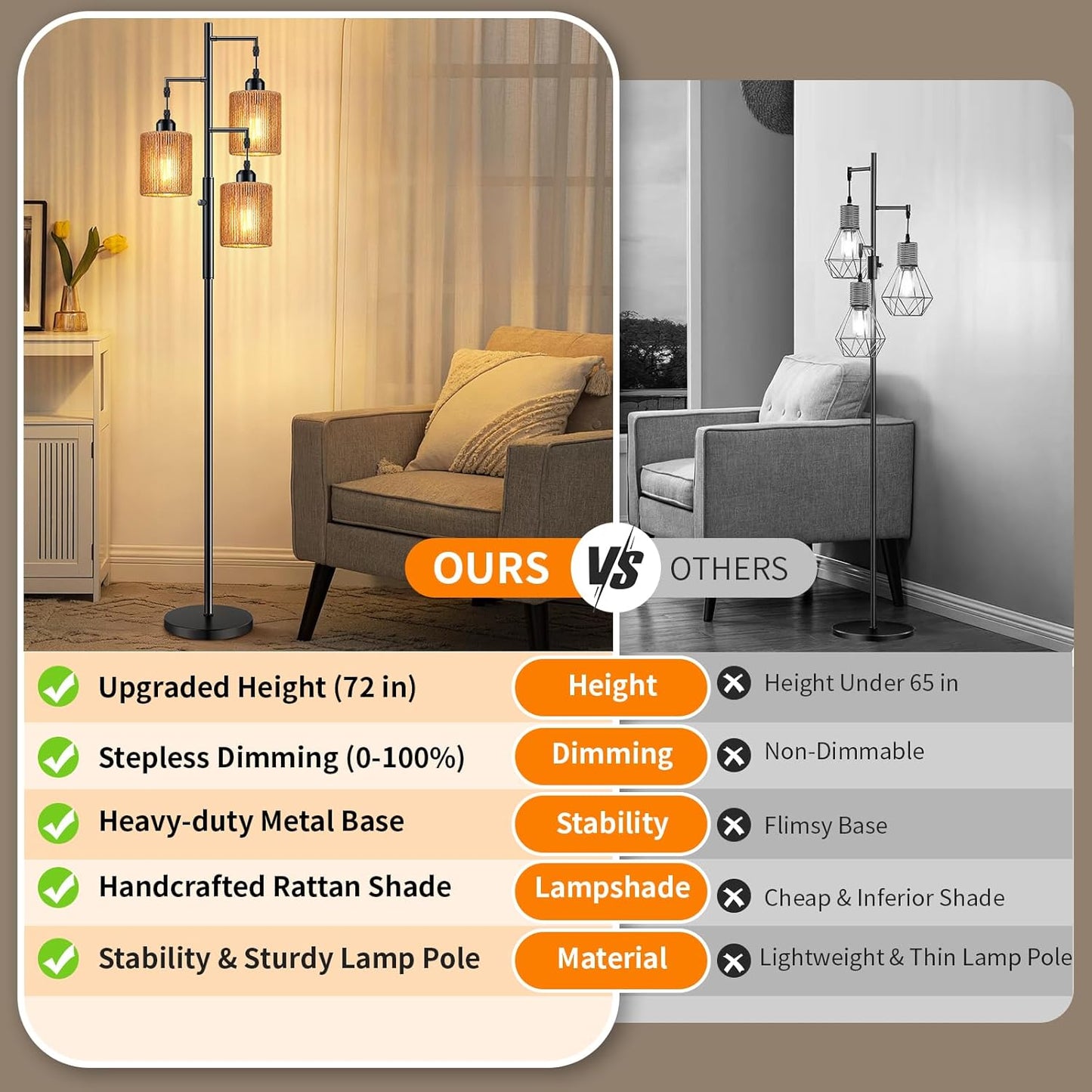 Hotsonic 72" Boho Rattan Tree Floor Lamp, Tall Dimmable Industrial Standing Lamp, Corner Decor Accent Lighting for Living Room, Bedroom, Dining Room, Nursery, Cafe (3 x 800LM Bulbs Included) - Black