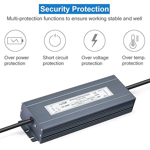 LLTOP LED Driver 300 Watts Waterproof IP67 Power Supply 90-130V AC to 12V DC - Image 2