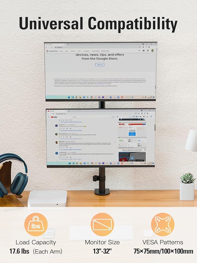 DreamAxis Stable Vertical Dual Monitor Stand, Stacked Monitor Mount - Image 3