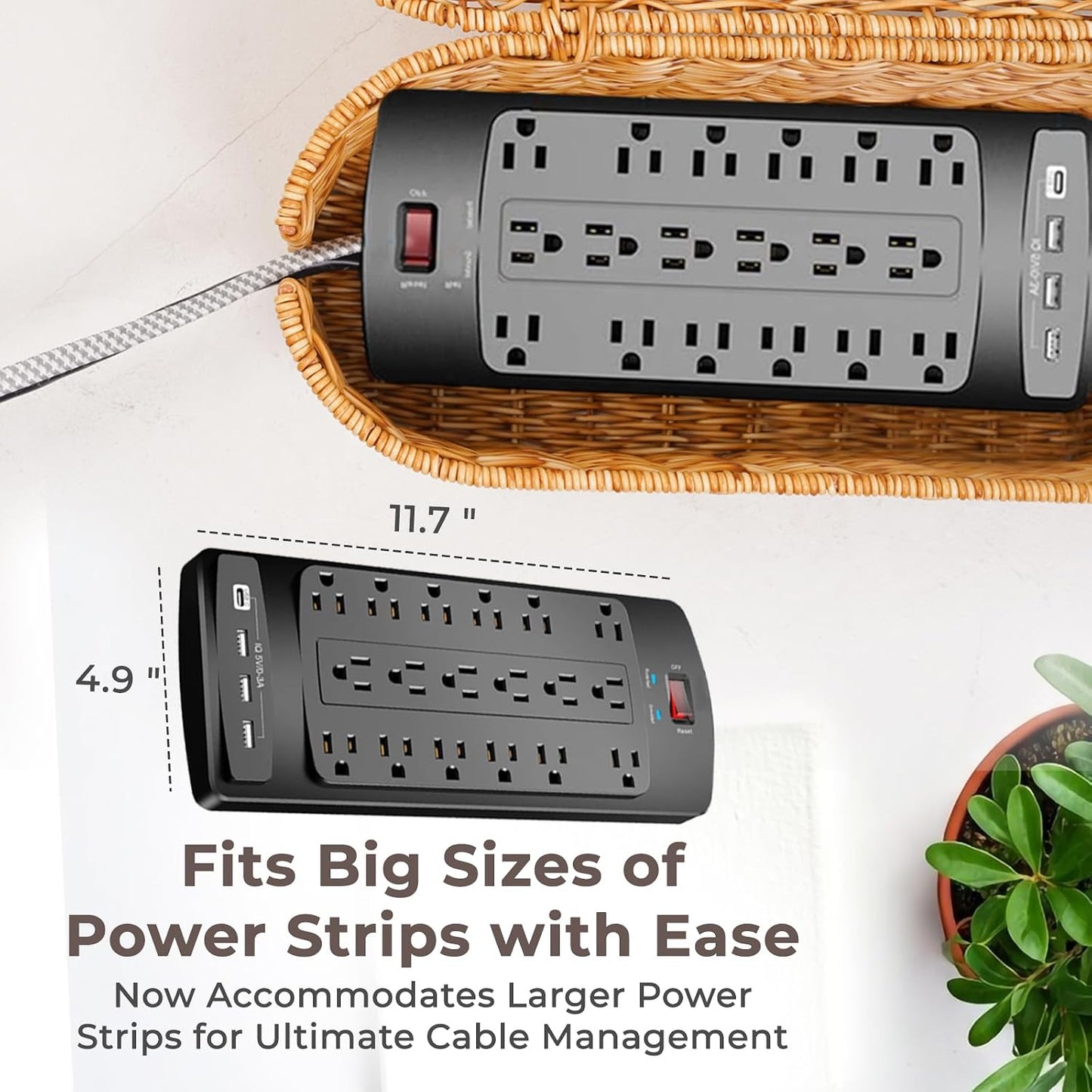 Cable Management Box, Handmade Rattan Cable Organizer, 2 Open Slots Cords Hider Box, Under Desk Cord Organizer for Computer Router USB Hub & Power Strip, 15.9" x 6.5" x 6.5", Natural