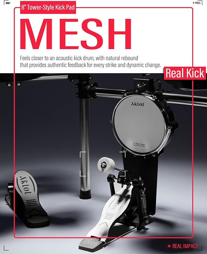 AKLOT Electric Drum Set with Kick-Tower: 4 Dual Zone Mesh Pads, 8’’ Tower-Style - Image 4