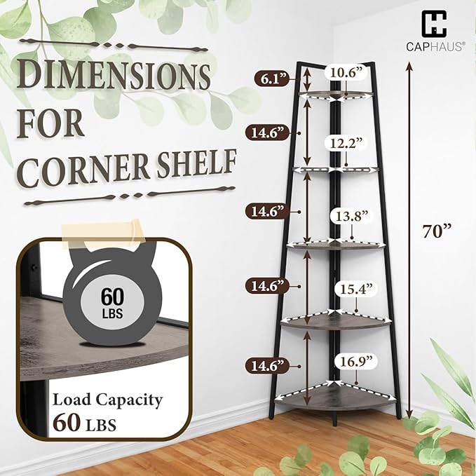 CAPHAUS Tall Corner Shelf Stand, 5-Tier Display Shelves, Ladder Corner Wood - Image 2