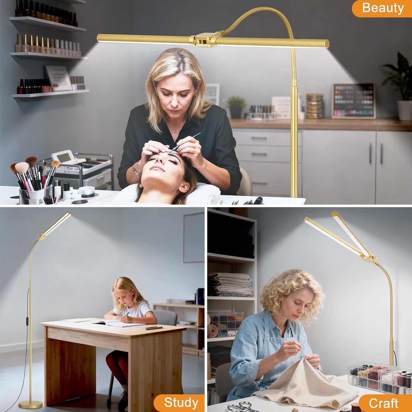 Gold Floor Lamp, 18W/2000LM Bright LED Floor Lamp for Living Room Office, Adjustable Gooseneck Dimmable Standing Task Lamp for Reading, Study, Arts, Eye Caring Craft Light for Sewing Tatoo Puzzle