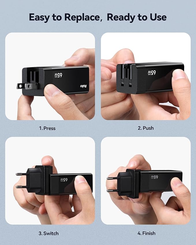 Ruko 65W USB C Charger, 3 Port International Travel Charger Kit, GaN Fast - Image 6