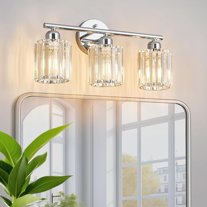 FDPBY Modern 3 Light Crystal Vanity Light, Chrome Vertical Bathroom Light by FDPBY