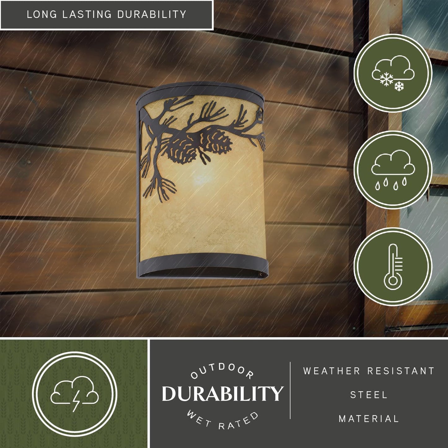 VAXCEL Douglas 1-Light 8 in. Wide Warm Bronze Indoor-Outdoor Rustic Flush Mount Wall Sconce with Pinecone Cutout and Amber Flake Glass Shade, Dimmable, LED Compatible, Bathroom Vanity Lighting Fixture
