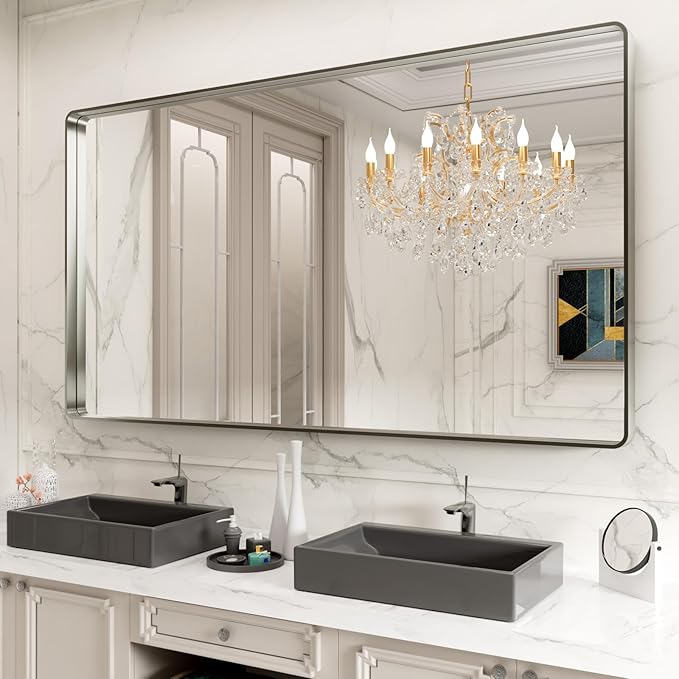 LOAAO 84X32 Inch Brushed Nickel Bathroom Mirror, Rounded Rectangle Silver Metal by LOAAO