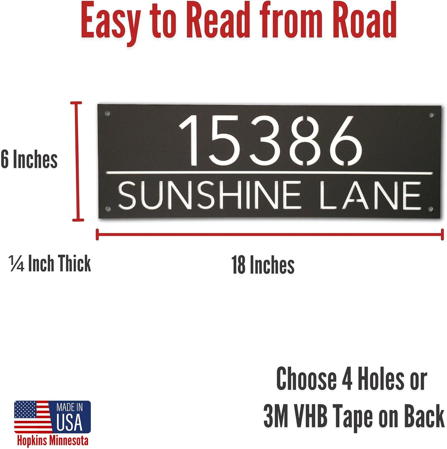 Made in Minnesota – Customized Address Sign 18x6 - Black or White – Made in USA - House Numbers for Outside Modern Address Plaque Street Name Sign (Black 18x6)