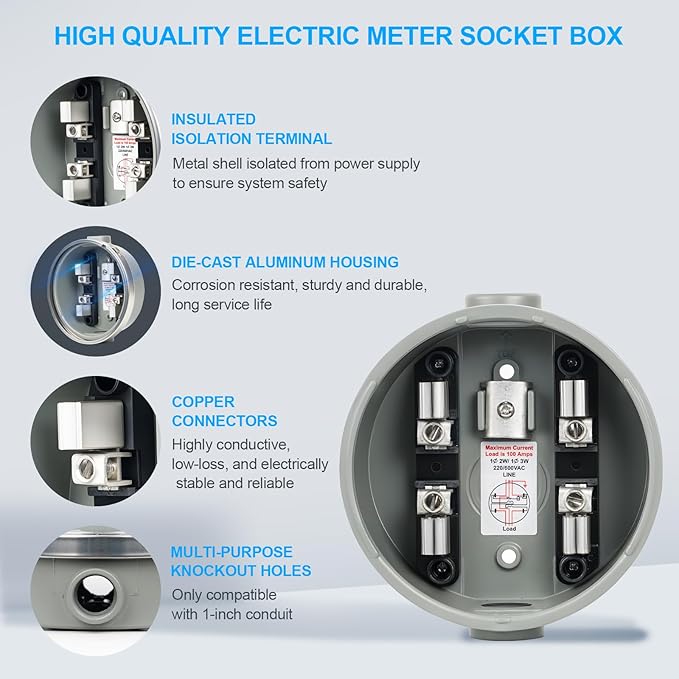 100 Amp Meter Socket, 4 Jaw Meter Base, 240V 3 Wire Ring Type, - Image 2