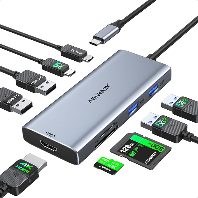 USB C Hub Multiport Adapter for MacBook Pro/Air, 9 in 1 USB C Dongle Dock Mac by ABIWAZY
