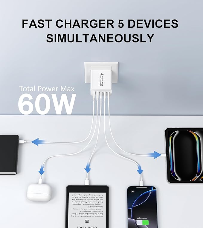 2Pack USB C Fast Charger Block, 60W 5-Port USB Wall Charger Brick, 2 USB A & 3 - Image 2