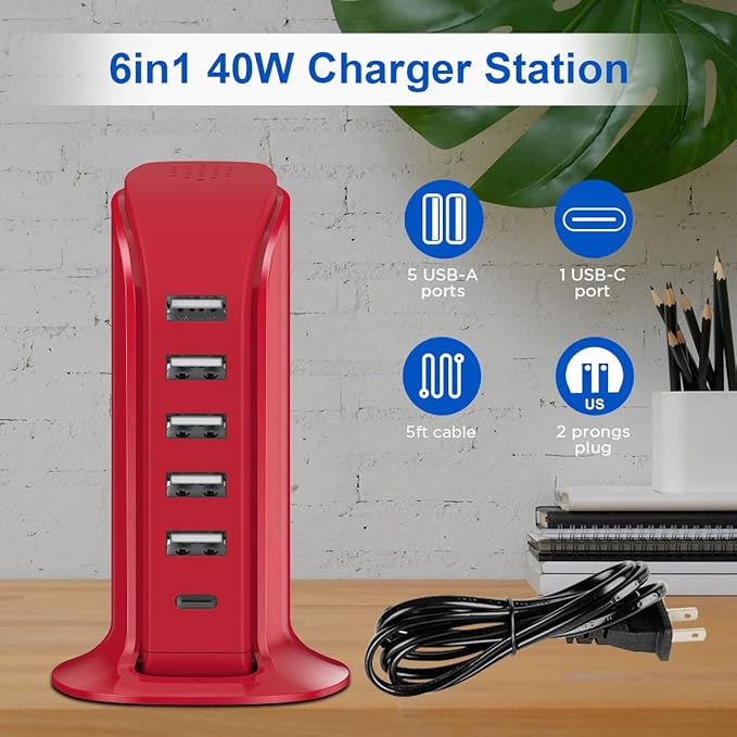 USB Phone Charger 6 Ports 40W Upoy, Type C Wall Charger Smart 6A, Charging Tower - Image 5